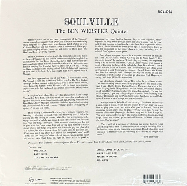 The Ben Webster Quintet – Soulville (1958) - New LP Record 2024 Verve Clef 180 gram Mono Vinyl - Jazz / Bop - Shuga Records