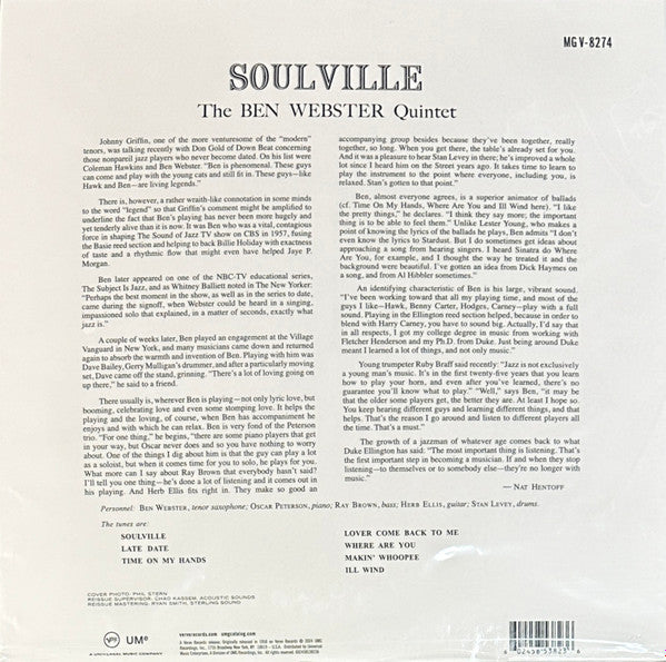 The Ben Webster Quintet – Soulville (1958) - New LP Record 2024 Verve Clef 180 gram Mono Vinyl - Jazz / Bop