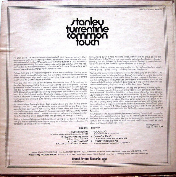 Stanley Turrentine Featuring Shirley Scott - Common Touch - VG LP Record 1968 Blue Note USA Vinyl - Jazz / Jazz-Funk / Soul-Jazz - Shuga Records