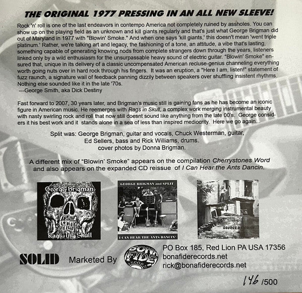 George Brigman & Split - Blowin' Smoke (1977) - New 7" Single Record 2007 Solid USA Vinyl & Numbered - Prog Rock - Shuga Records