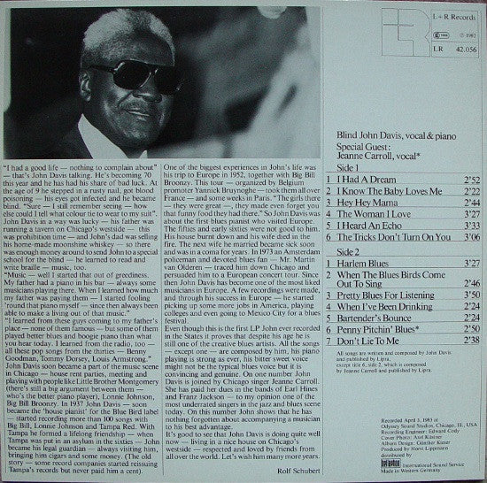 Blind John Davis - Blind John Davis - Mint- LP Record 1983 L+R Germany Vinyl - Blues / Piano Blues - Shuga Records