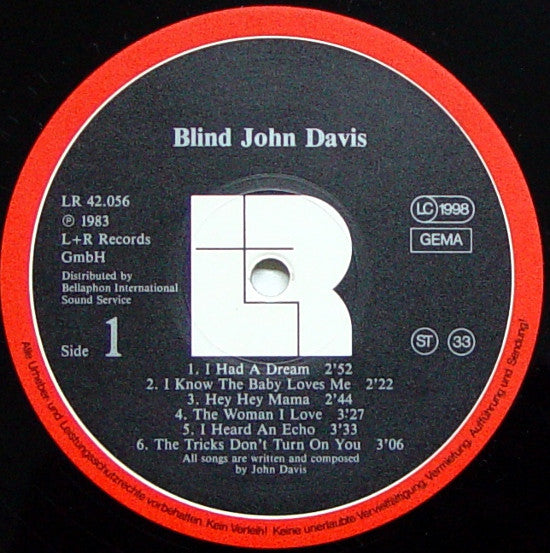 Blind John Davis - Blind John Davis - Mint- LP Record 1983 L+R Germany Vinyl - Blues / Piano Blues - Shuga Records