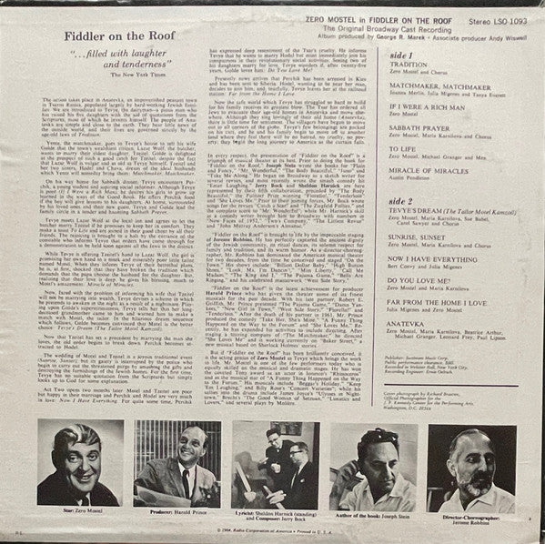 Zero Mostel - Fiddler On The Roof (1964) - Mint- LP Record 1976 RCA USA Vinyl - Original Broadway Cast / Musical - Shuga Records