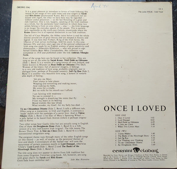 Sarah and Rita Keane - Once I Loved (Songs From The West Of Ireland) - VG+ LP Record 1968 Claddagh Ireland Mono Vinyl Original - Folk / Celtic - Shuga Records