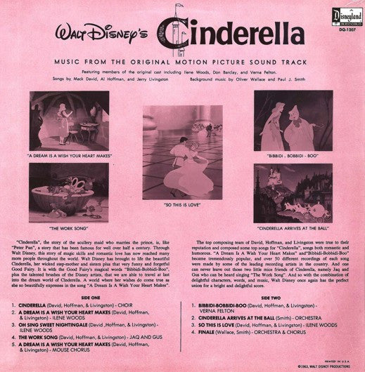 Various – Walt Disney's Cinderella (1956) - VG LP Record 1963 Disneyland USA Vinyl & Pink Back Cover - Soundtrack