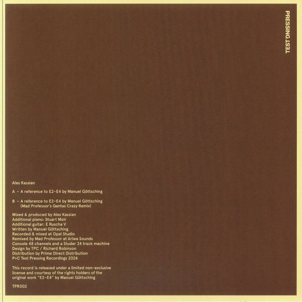 Alex Kassian x Mad Professor - E2-E4 (A Reference To E2-E4 By Manuel Göttsching) - New 12" Single Record 2024 Test Pressing Vinyl - House / Balearic / Dub - Shuga Records