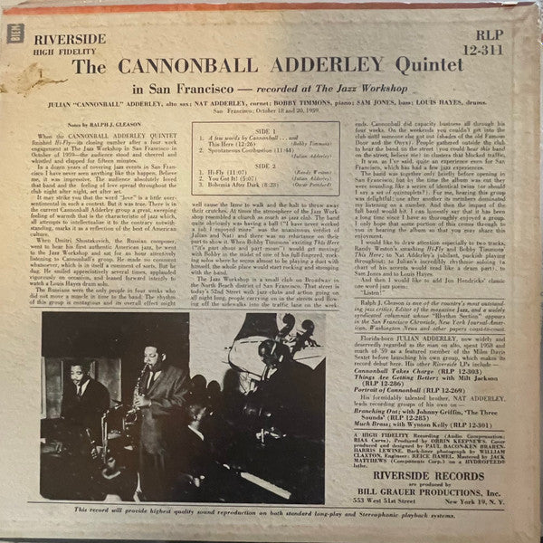 The Cannonball Adderley Quintet featuring Nat Adderley - The Cannonball Adderley Quintet In San Francisco - VG (VG- Cover) LP Record 1959 Riverside USA Mono Original Vinyl - Jazz / Hard Bop - Shuga Records