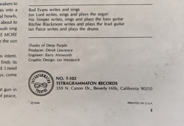 Deep Purple - Shades Of Deep Purple - VG+ LP Record 1968 Tetragrammaton USA Original Vinyl - Psychedelic Rock - Shuga Records