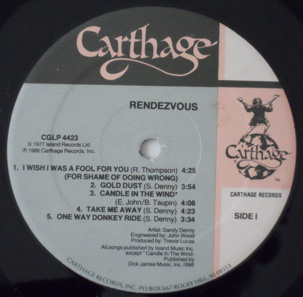 Sandy Denny - Rendezvous (1977) - VG+ LP Record 1986 Carthage Vinyl - Folk Rock
