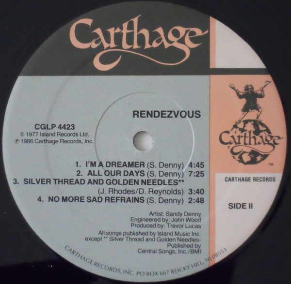 Sandy Denny - Rendezvous (1977) - VG+ LP Record 1986 Carthage Vinyl - Folk Rock