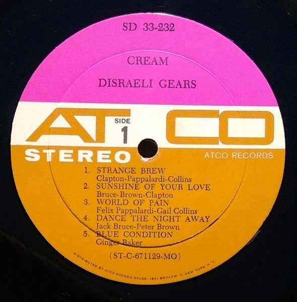 Cream - Disraeli Gears - VG+ 1967 Stereo USA (Original Press!! Purple & Gold Label) - Psychedelic Rock - Shuga Records