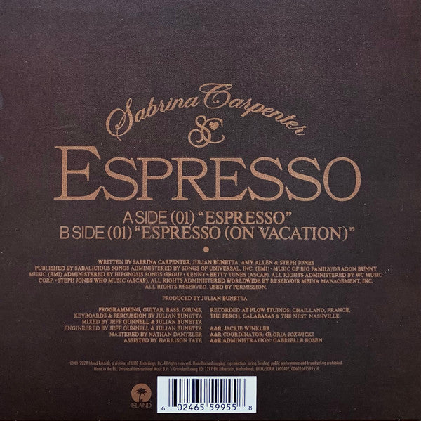 Sabrina Carpenter - Espresso - New 7" Single Record 2024 Island Chocolate Brown Vinyl - Pop / Dance-pop  Bubblegum