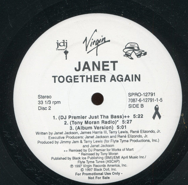 Janet Jackson - Together Again - VG+ 12" Single Record 1997 Virgin USA Promo Vinyl - House / R&B - Shuga Records
