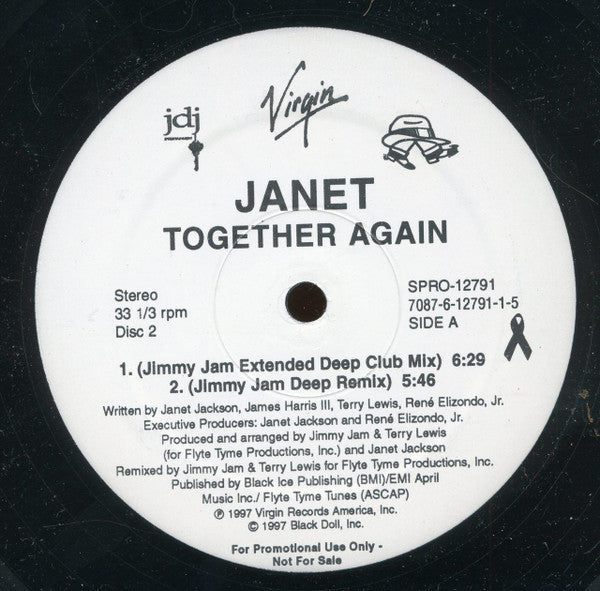Janet Jackson - Together Again - VG+ 12" Single Record 1997 Virgin USA Promo Vinyl - House / R&B - Shuga Records