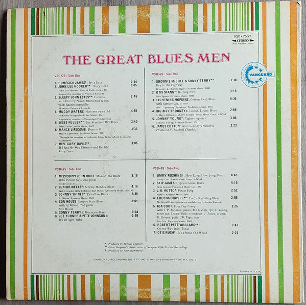 Various - The Great Blues Men (1972) - VG+ 2 LP Record 1976 Vanguard USA Vinyl - Piedmont Blues / Chicago Blues / Delta Blues - Shuga Records