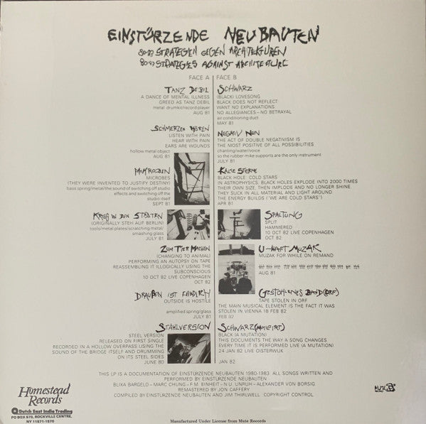 Einstürzende Neubauten - 80=83 Strategies Against Architecture - VG+ LP Record 1986 Homestead USA Original Vinyl - Electronic / Industrial / Experimental - Shuga Records