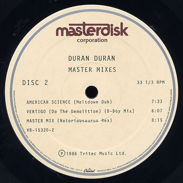 Duran Duran - Master Mixes - Mint- 2 LP Record 1987 Capitol USA Vinyl - Synth-pop / House / Pop Rock - Shuga Records