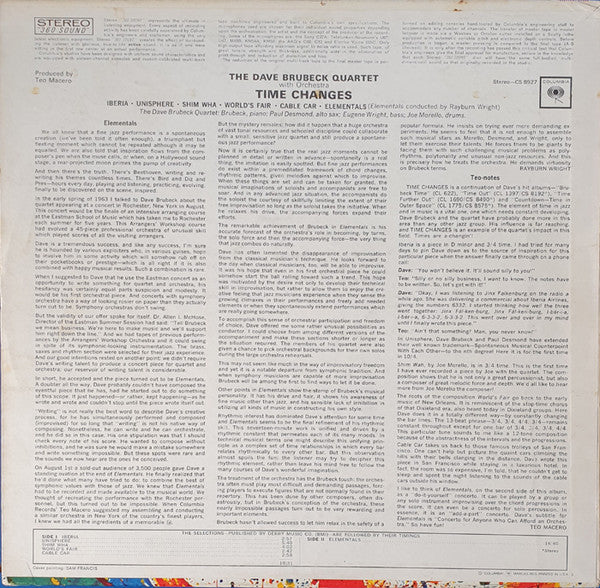 The Dave Brubeck Quartet - Time Changes - VG+ LP Record 1964 Columbia USA Original 360 Label - Jazz / Post Bop - Shuga Records
