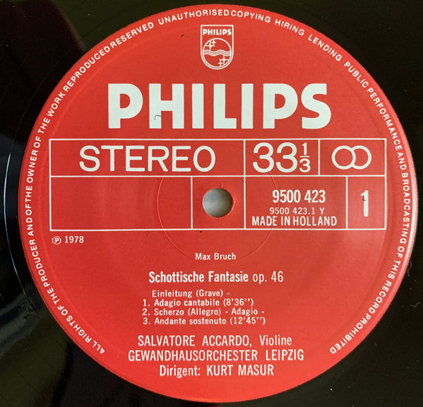 Salvatore Accardo / Masur - Bruch - Scottish Fantasy / Konzertstück - VG+ LP Record 1976 Philips Netherlands Vinyl - Classical / Violin - Shuga Records