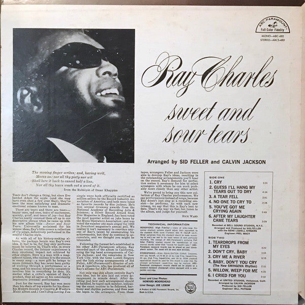 Ray Charles - Sweet & Sour Tears - VG+ (VG Cover) LP Record 1964 ABC-Paramount USA Stereo Vinyl - Soul / Soul-Jazz - Shuga Records