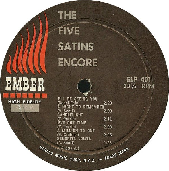 The Five Satins – Encore (1960) - VG+ (VG cover) LP Record 1961 Ember Mono Vinyl - Rock / Doo Wop - Shuga Records