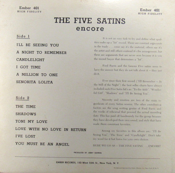 The Five Satins – Encore (1960) - VG+ (VG cover) LP Record 1961 Ember Mono Vinyl - Rock / Doo Wop - Shuga Records
