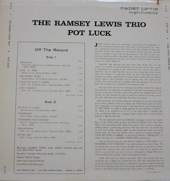 The Ramsey Lewis Trio – Pot Luck (1963) - Mint- LP Record 1970s Cadet USA Vinyl - Jazz / Soul-Jazz