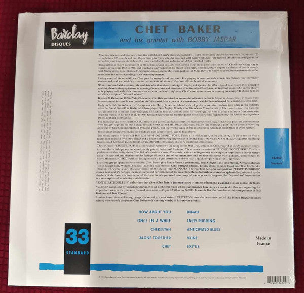 Chet Baker And His Quintet With Bobby Jaspar - Chet Baker And His Quintet (1956) - New LP Record 2024 Barclay France Vinyl - Cool Jazz / Bop - Shuga Records
