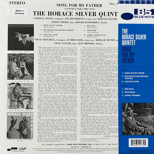 The Horace Silver Quintet - Song For My Father (Cantiga Para Meu Pai)(1964) - New LP Record 2024 Blue Note 180 gram Blue Vinyl - Jazz / Hard Bop / Latin Jazz - Shuga Records