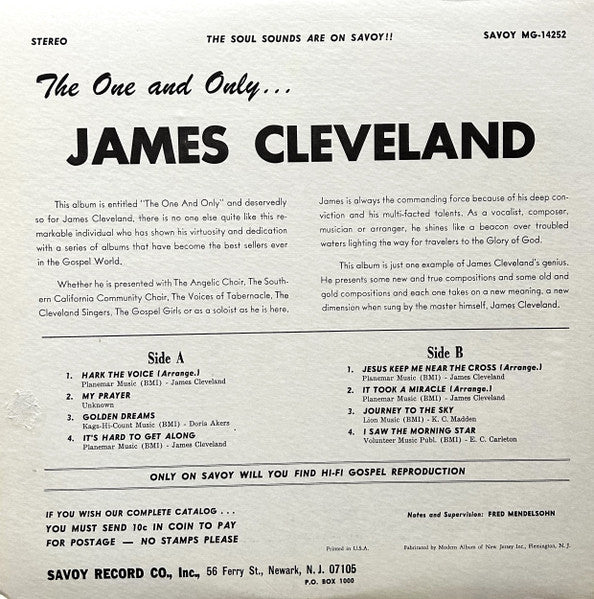 James Cleveland - The One And Only James Cleveland - VG+ LP Record 1970 Savoy USA Original Vinyl - Gospel - Shuga Records