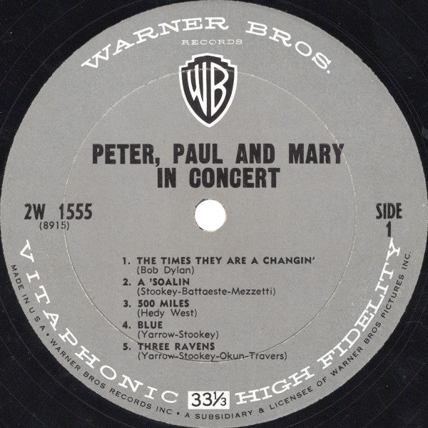 Peter, Paul And Mary - In Concert - VG+ 2 LP Record 1964 Warner USA Original Press Mono Vinyl (TAS Super List Audiophile) - Folk Rock / Pop / Folk - Shuga Records