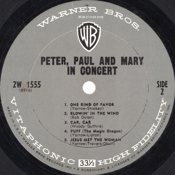 Peter, Paul And Mary - In Concert - VG+ 2 LP Record 1964 Warner USA Original Press Mono Vinyl (TAS Super List Audiophile) - Folk Rock / Pop / Folk - Shuga Records