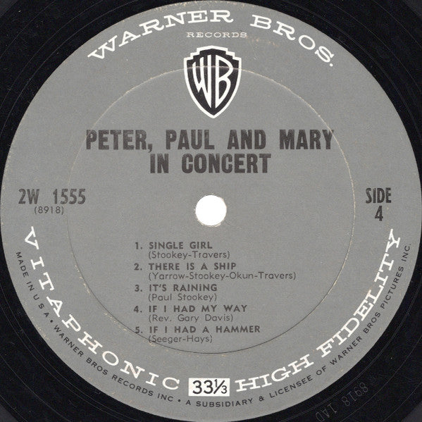 Peter, Paul And Mary - In Concert - VG+ 2 LP Record 1964 Warner USA Original Press Mono Vinyl (TAS Super List Audiophile) - Folk Rock / Pop / Folk - Shuga Records