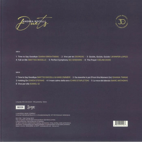 Andrea Bocelli - Duets - 30th Anniversary (The Highlights) - New LP Record 2024 Decca Germany Vinyl - Pop / Jazz / Latin - Shuga Records