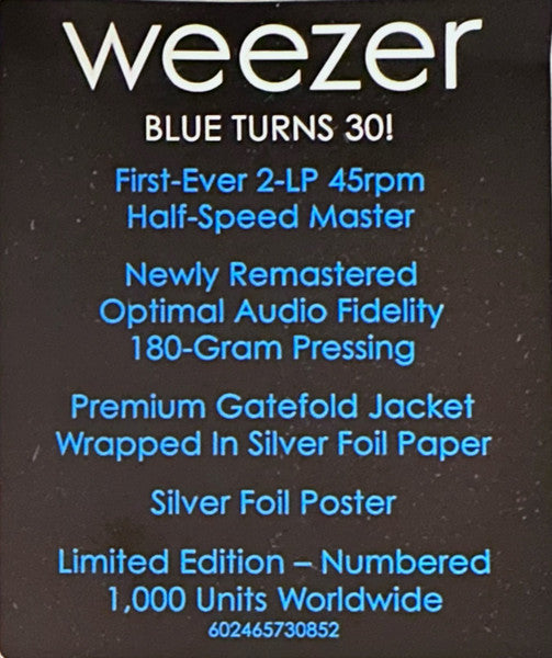 Weezer - Weezer 30 (Blue Album) New 2 LP Record 2024 Geffen 180 gram Half-Speed Mastered Vinyl, LOW Numbered, Foil Poster & Cover - Alternative Rock / Power Pop - Shuga Records