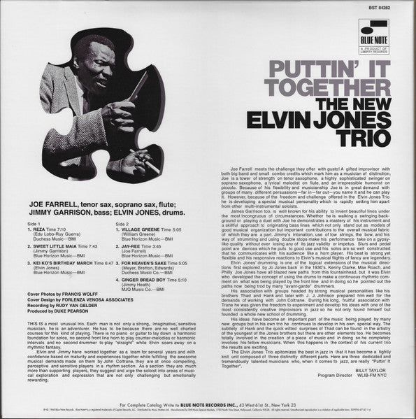 The New Elvin Jones Trio – Puttin' It Together (1968) - New 2 LP Record 2011 Blue Note Music Matters 180 gram Vinyl & Numbered 0044 RARE REVIEW COPY PROMO - Jazz / Bop