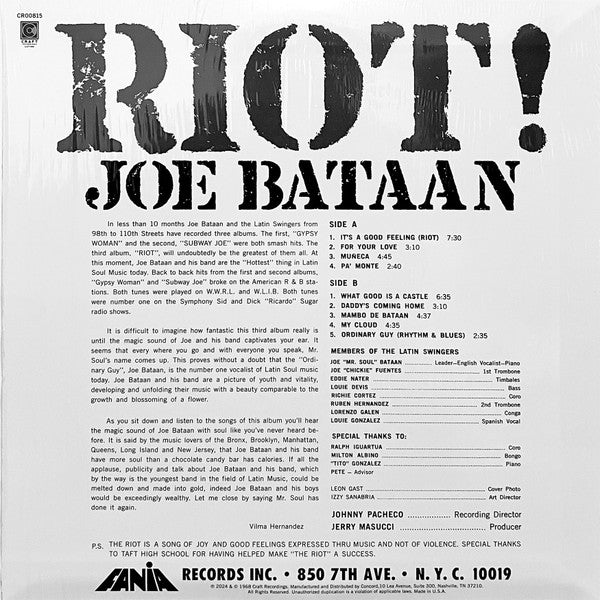 Joe Bataan - Riot! (1968) - New LP Record Store Day Black Friday 2024 Fania Craft Recordings 180 gram Vinyl - Latin / Salsa / Boogaloo