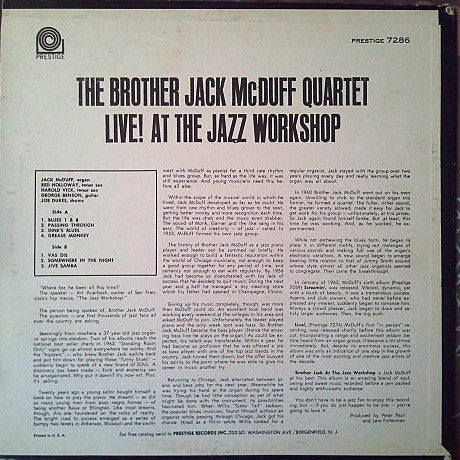 The Brother Jack McDuff Quartet - Brother Jack At The Jazz Workshop Live! (1963) - VG+ LP Record 1968 Prestige USA Mono Vinyl - Jazz - Shuga Records