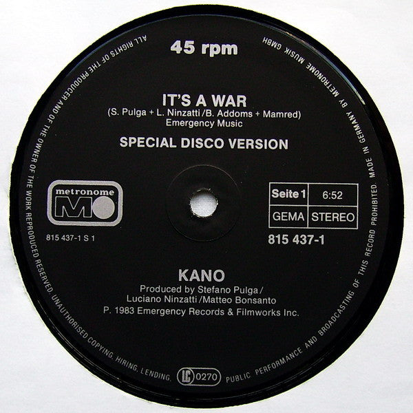 Kano - It's A War / Ahjia - VG+ 12" Single 1983 Metronome Germnay Vinyl - Italo-Disco - Shuga Records