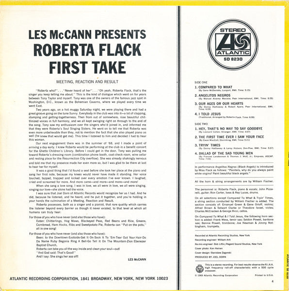 Roberta Flack - First Take - VG+ LP Record 1969 Atlantic USA Original Vinyl - Soul - Shuga Records