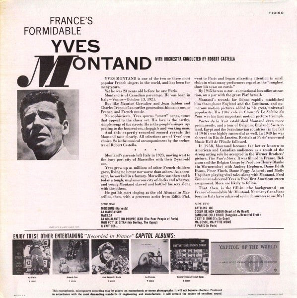 Yves Montand - France's Formidable - Mint- LP Record 1959 Capitol USA Mono Original Vinyl - Pop / Chanson - Shuga Records