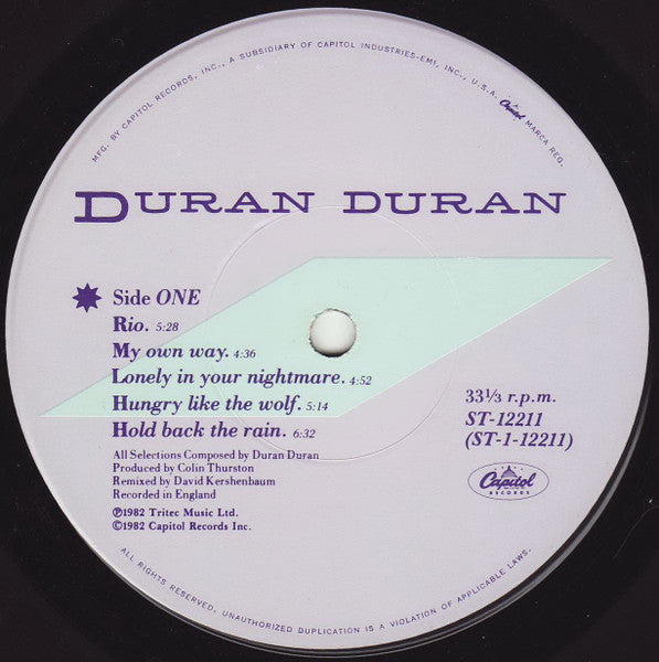 Duran Duran - Rio - VG+ LP Record 1982 Capitol USA 3rd Edition Vinyl - New Wave / Pop Rock / Synth-pop - Shuga Records
