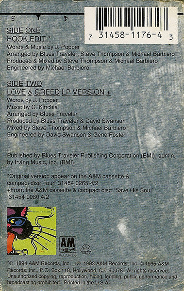 Blues Traveler - Hook - VG+ Cassette Single 1995 A&M USA Original Tape - Alternative Rock / Pop Rock - Shuga Records