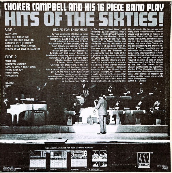 Choker Campbell And His 16 Piece Band - Hits Of The Sixties - Near Mint- LP Record 1965 Motown USA Original RARE Vinyl - Soul / Funk - Shuga Records