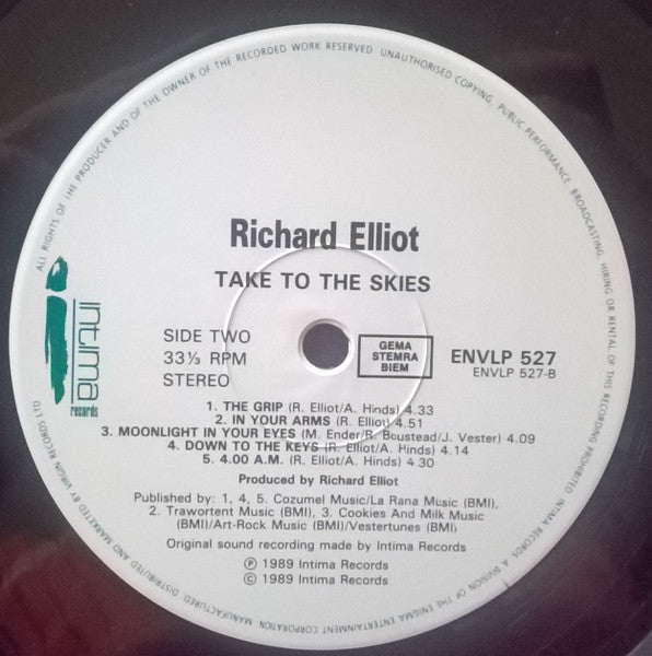 Richard Elliot - Take To The Skies - Mint- LP Record 1989 Intima UK Vinyl - Smooth Jazz - Shuga Records