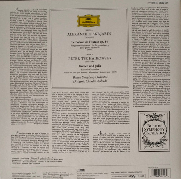Tchaikovsky - Skriabin, Boston Symphony Orchestra, Claudio Abbado - Skrjabin: Le Poème de L'Extase Tchaikovsky: Romeo Und Julia - New LP Record 2025 Deutsche Grammophon Vinyl - Classical / Romantic - Shuga Records