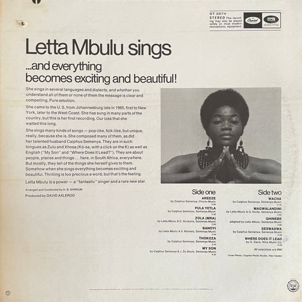 Letta Mbulu - Letta Mbulu Sings - VG+ (VG cover) LP Record 1967 Capitol USA Original RARE Vinyl - Soul / African - Shuga Records