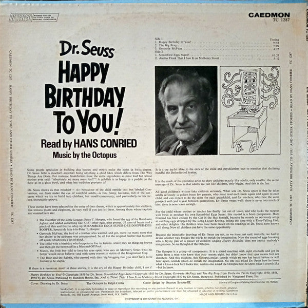 Dr. Seuss / Hans Conried ‎– Happy Birthday To You! - VG+ LP Record 1969 Caedmon USA Vinyl - Children's / Spoken Word / Audiobook