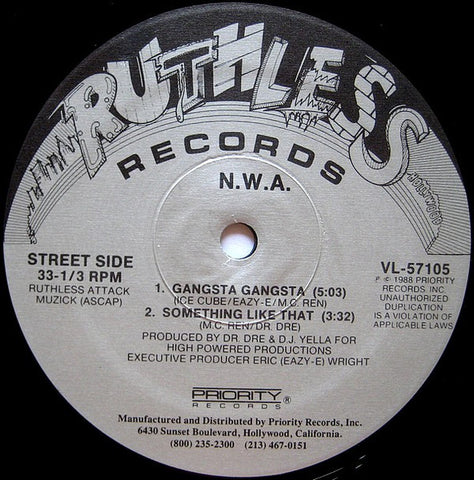 N.W.A – Gangsta Gangsta - VG 12" Single Record 1988 Ruthless Priority USA Vinyl - Hip Hop