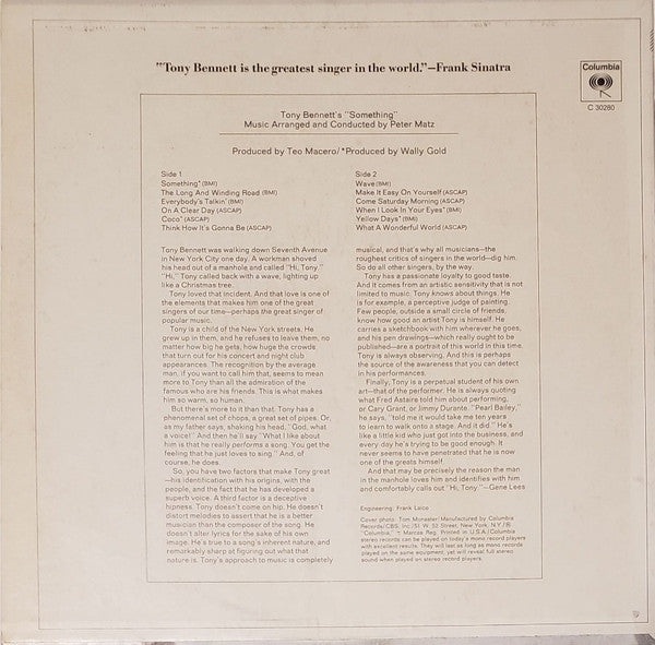Tony Bennett - Tony Bennett's Something - Mint- LP Record 1970 Columbia USA Original Vinyl - Jazz / Big Band / Pop Vocal - Shuga Records
